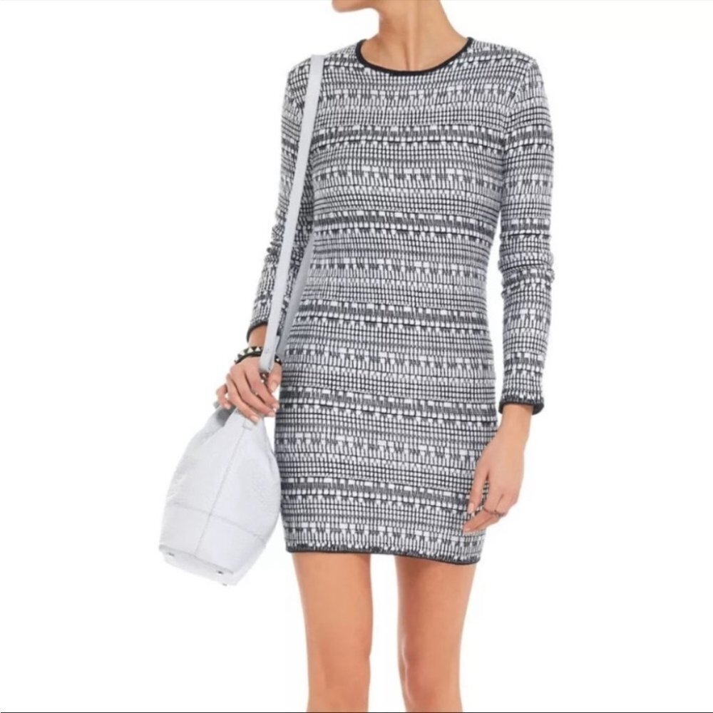 Helmut Lang Black + White knit mixed print linen blend bodycon mini dress SP